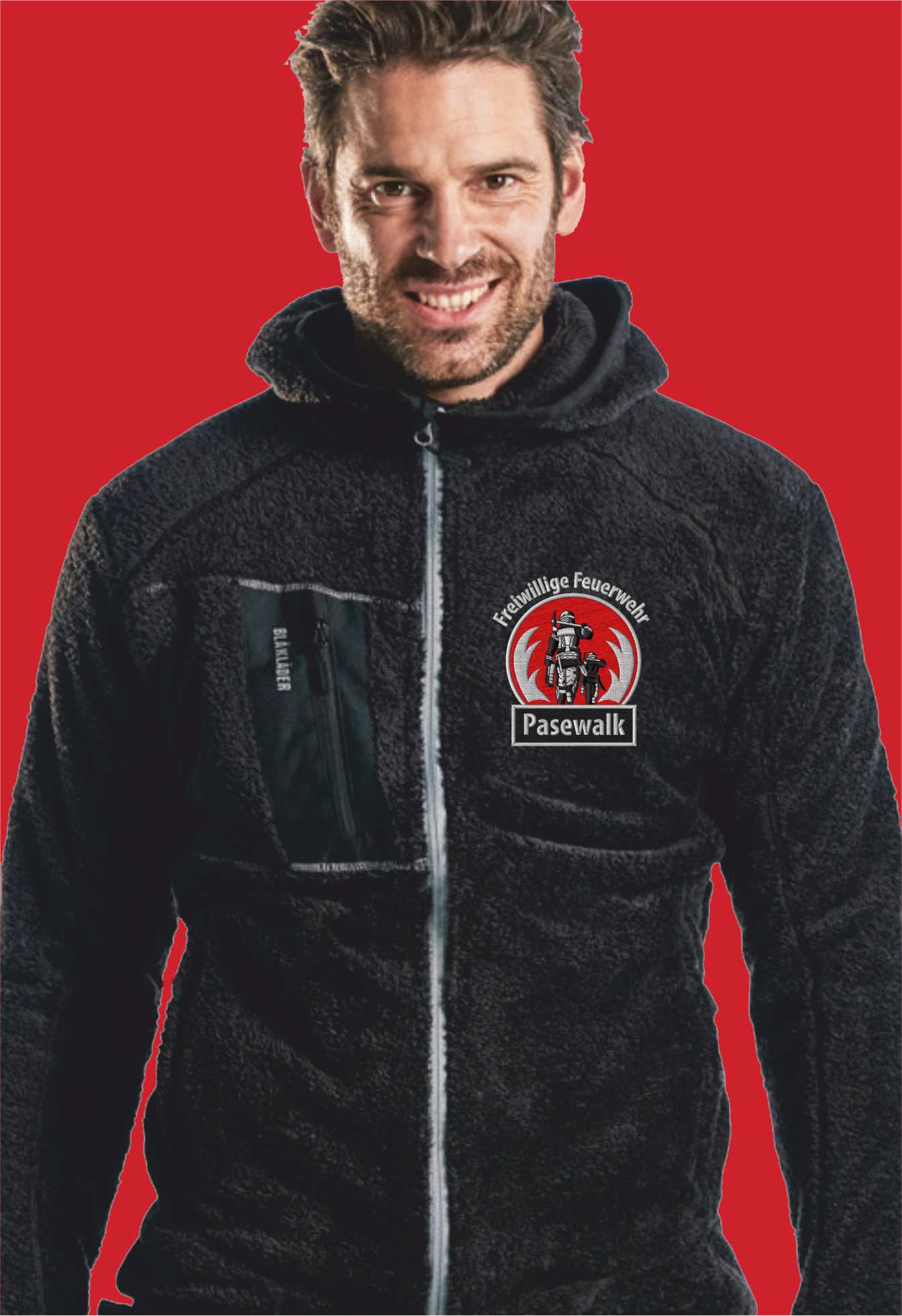 Schwarze Jacke für Feuerwehren mit eigenem Logo